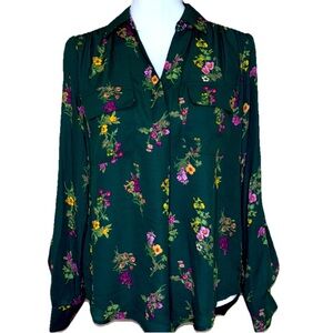 INVESTMENTS BLOUSE GREEN GOLD FUCHSIA FLORAL PATTERN HIGH LOW HEM LONG SLEEVES